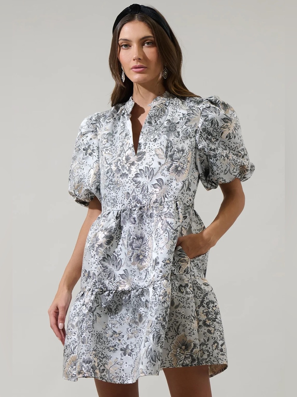 Sugarlips Lola Silver Floral Jacquard Puff-Sleeve Babydoll Tiered Mini Dress L